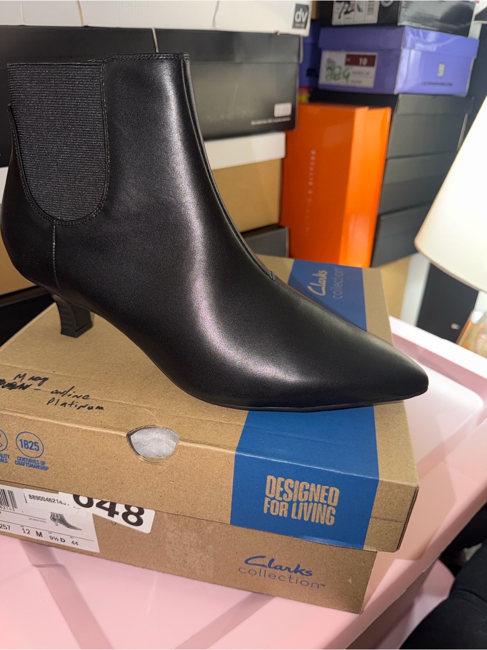 Clarks Black Leather Pointed Toe Kitten Heel Ankle Booties